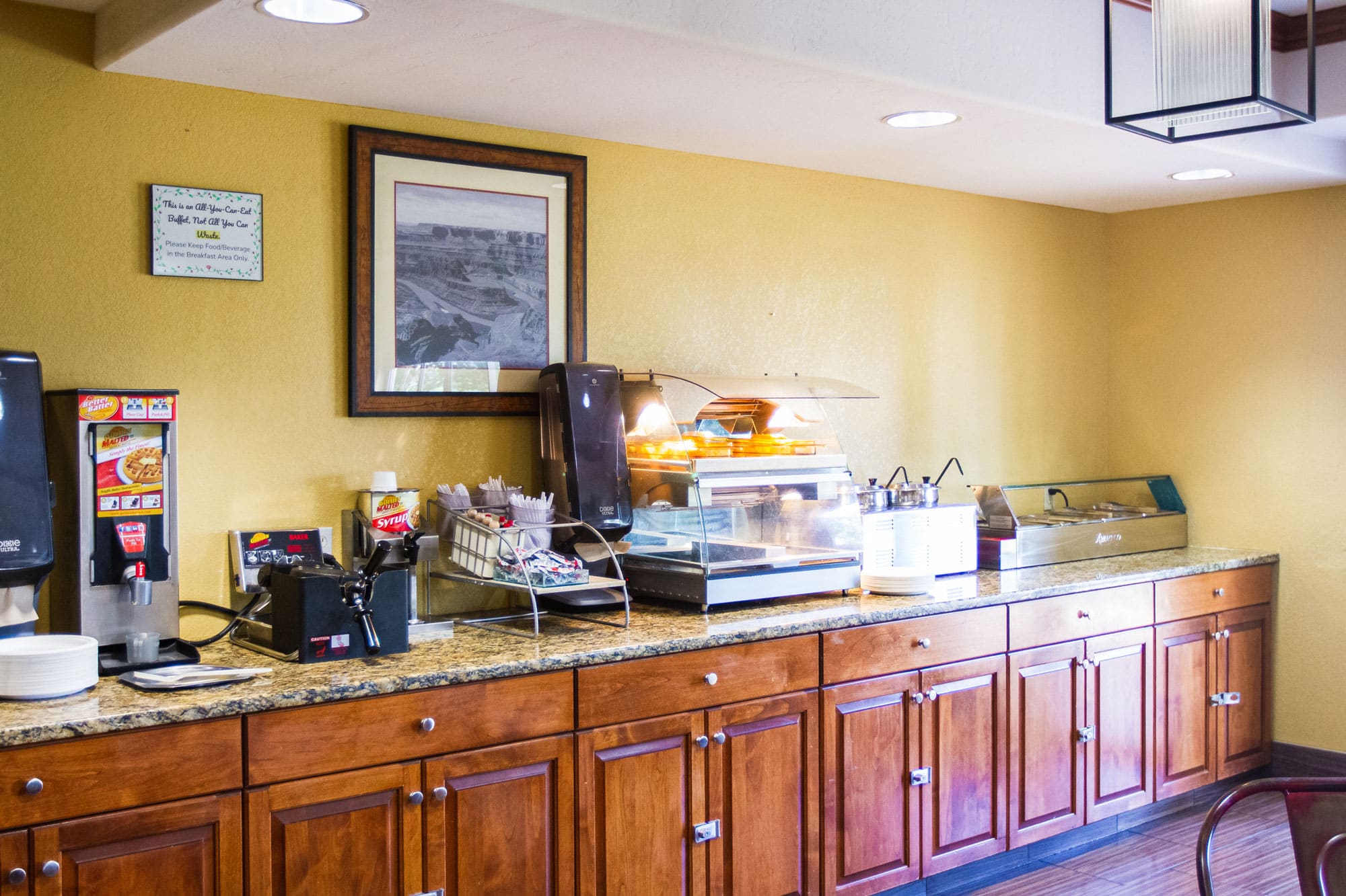 First Choice Inn's Waffle bar and hot breakfast area